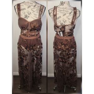 Blithe LA Sheer Lace maxi dress Womens Medium Empire Waist Floral Brown NEW